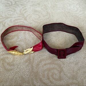 TWO Vintage 80's Leather Belts. One Red  with Gold Leaf Buckle. One Burgundy.
